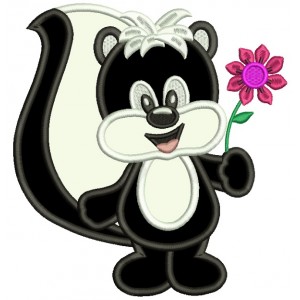 Cute Little Skunk Holding a Flower Applique Machine Embroidery Design Digitized Pattern